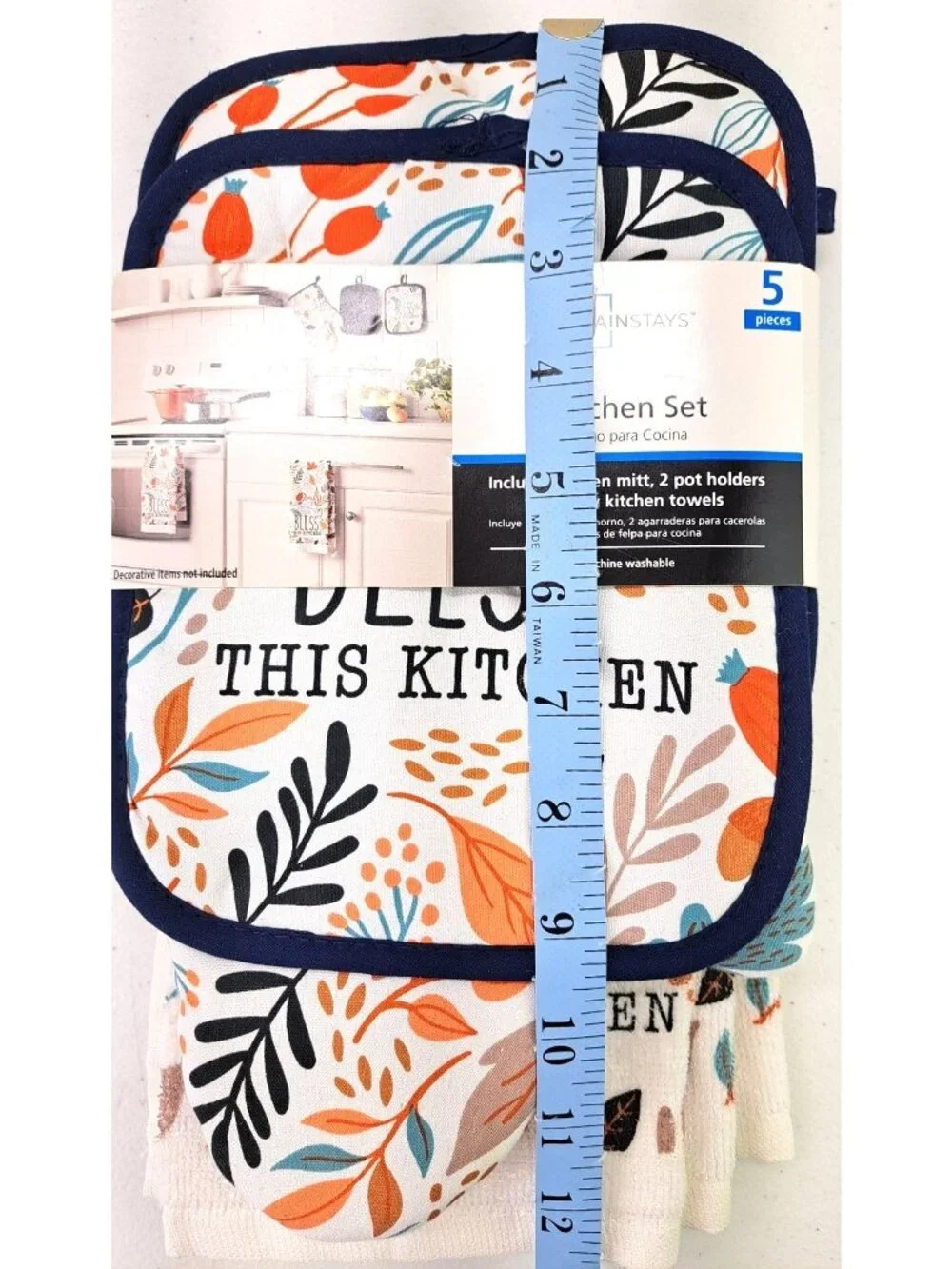 Mainstays 5-Piece Kitchen Set Oven Mitt Pot Holder Towels Bless This Kitchen New